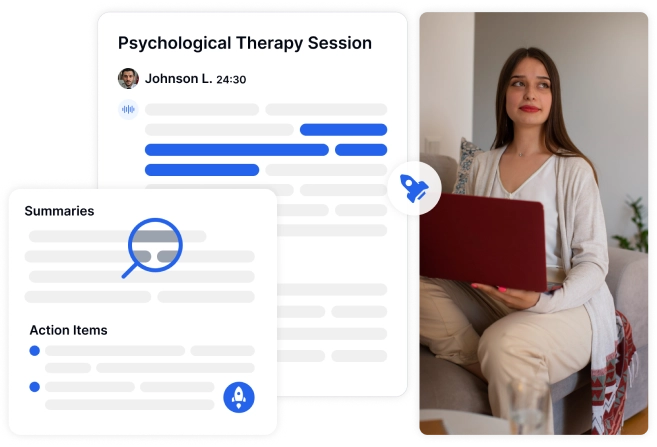 Transforme as sessões de terapia com transcrições precisas e seguras.