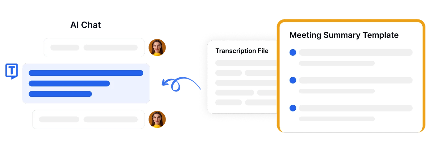 Transkriptor converte chat de IA em arquivo de transcrição e resumo de reunião.