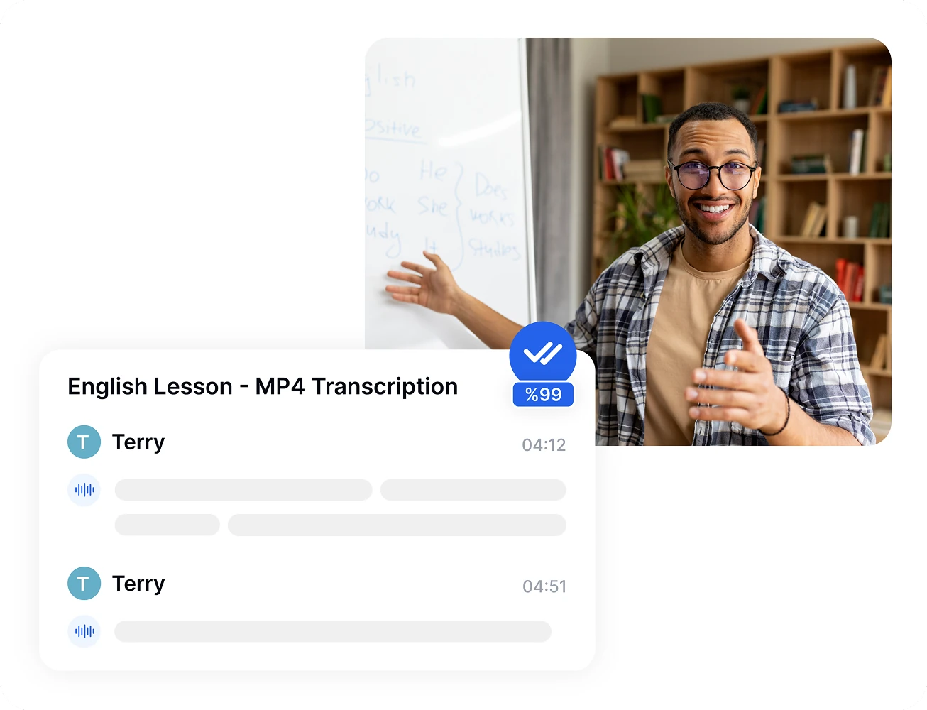 Homem ensinando uma aula de inglês com transcrição de MP4 usando Transkriptor.