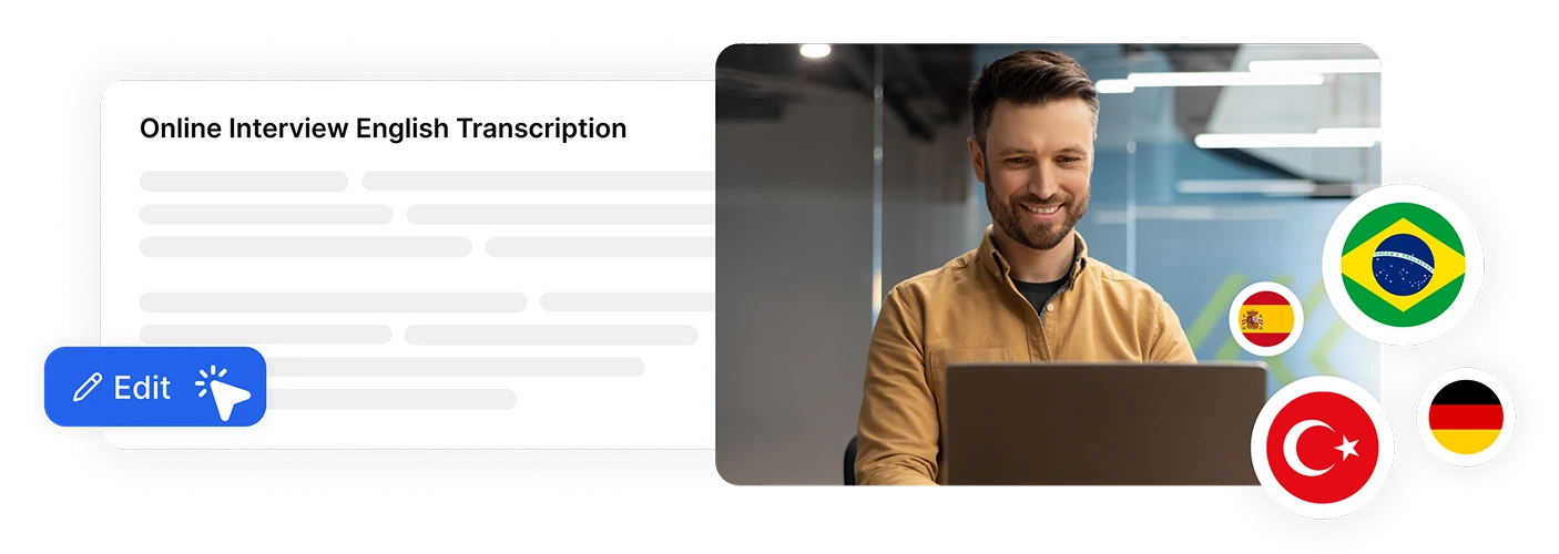 Homem usando laptop com transcrição de entrevista online em inglês e bandeiras de idiomas.