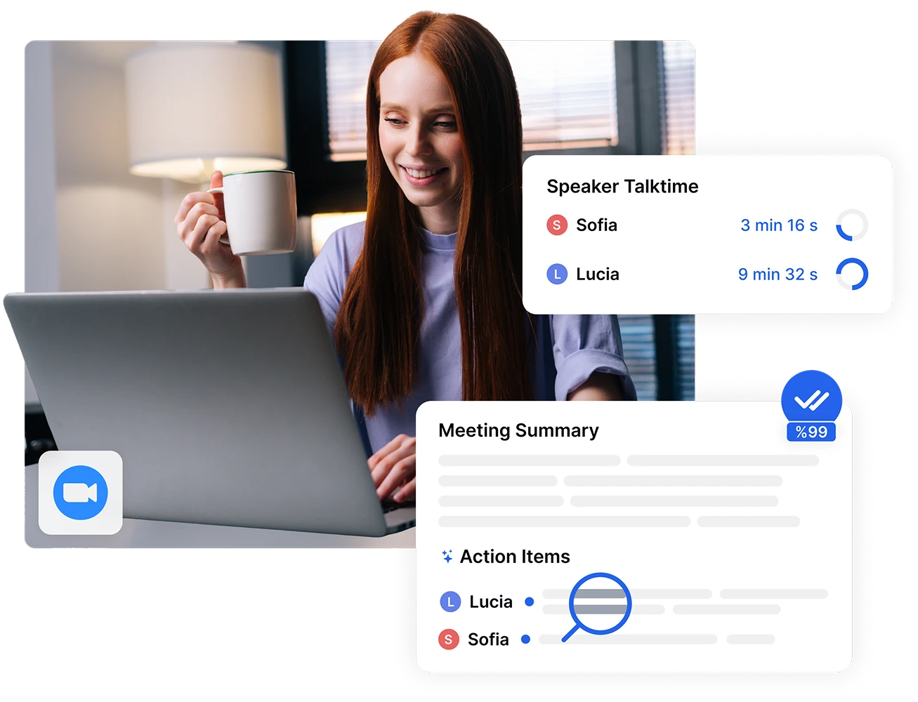 Mulher usando laptop com resumo de reunião e tempo de fala dos participantes no Transkriptor.