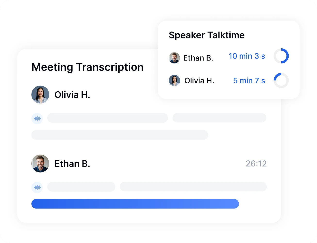 Transcrição de reunião com tempo de fala dos falantes usando insights da ferramenta Transkriptor.