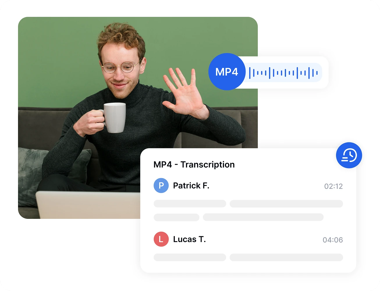 Homem bebendo café enquanto usa um laptop com transcrição de MP4 exibida.