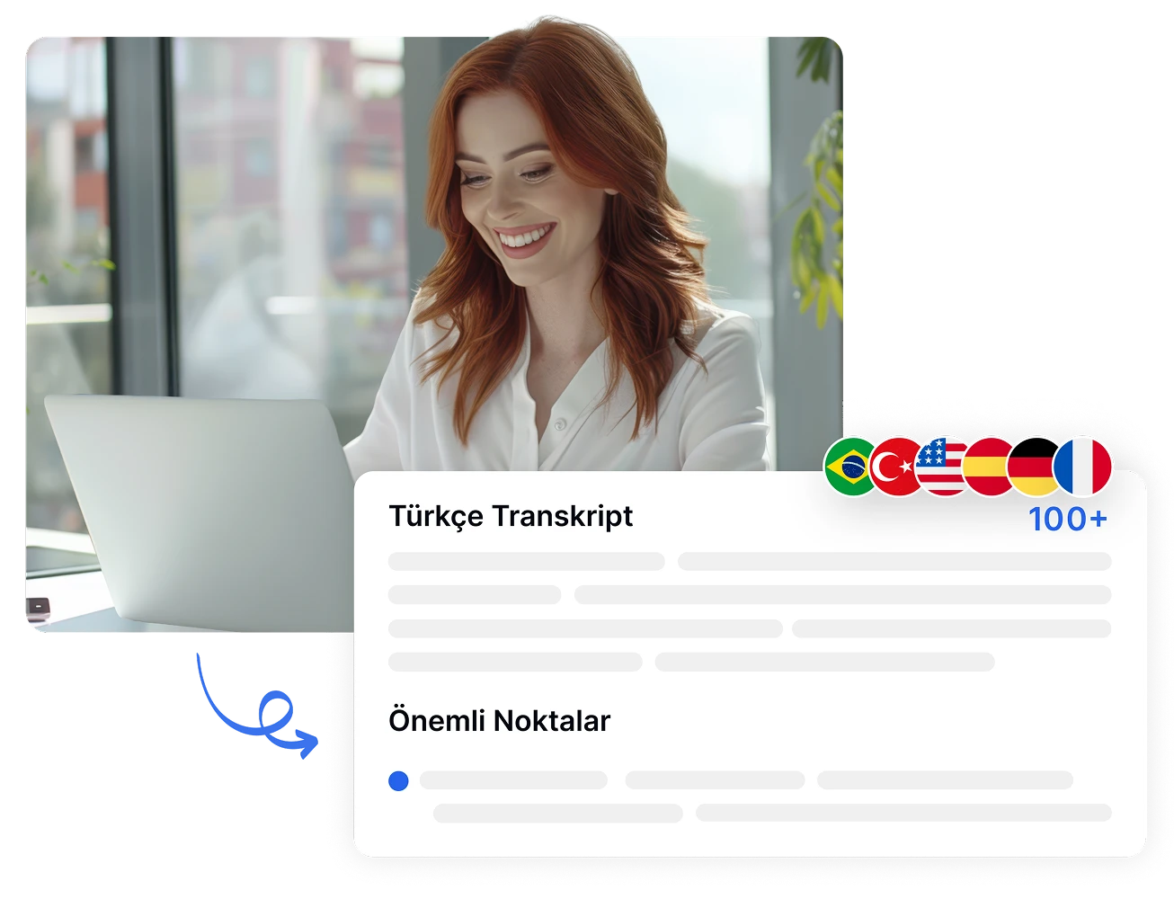 Interface do Transkriptor mostrando transcrição em inglês com uma pessoa sorridente no computador e bandeiras internacionais.