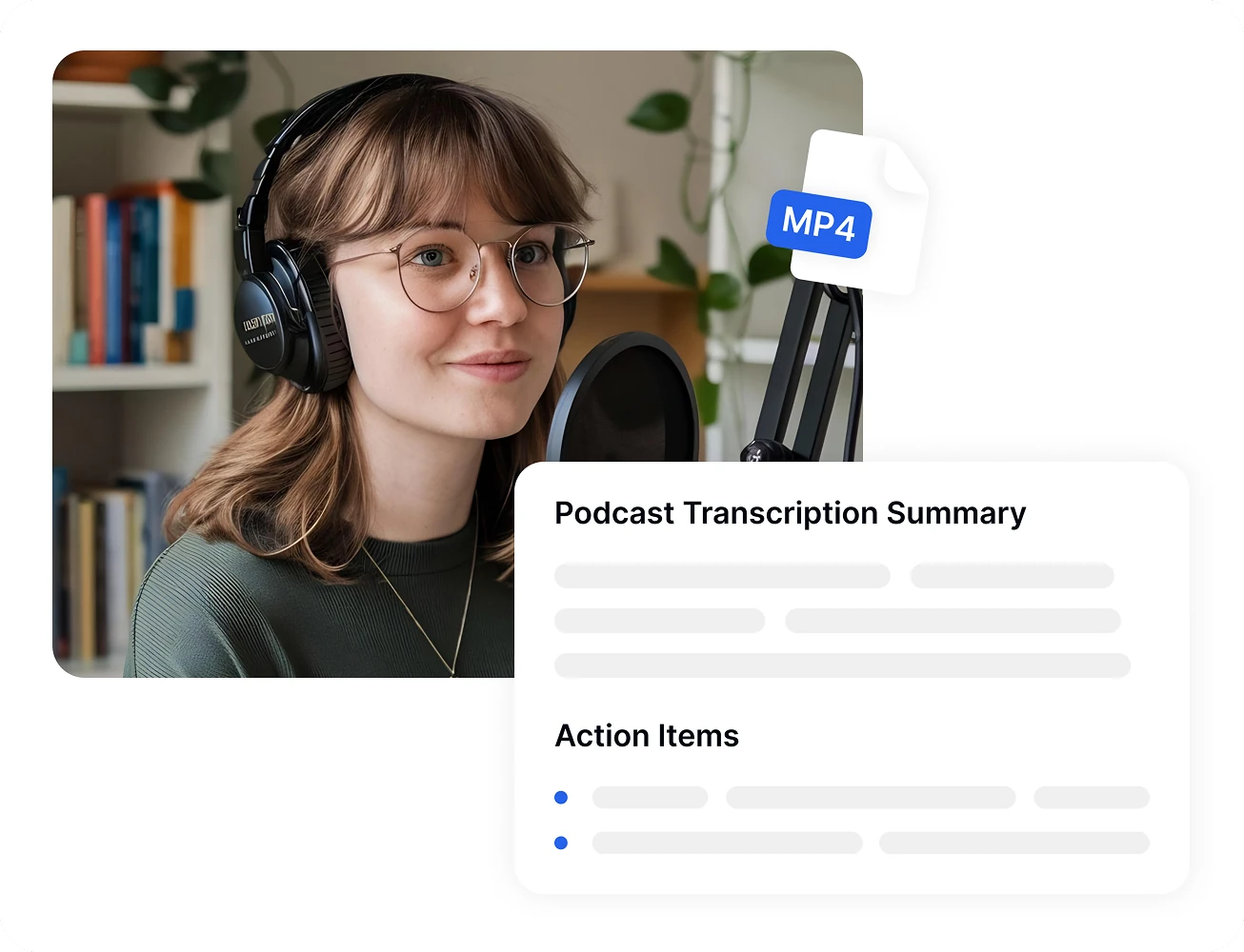 Mulher usando Transkriptor para transcrição de podcast com arquivo MP4.