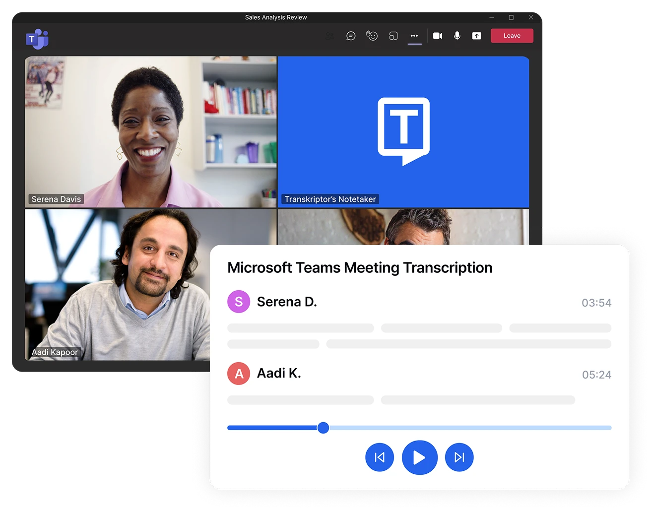 Reunião do Microsoft Teams com a ferramenta de transcrição Notetaker da Transkriptor.