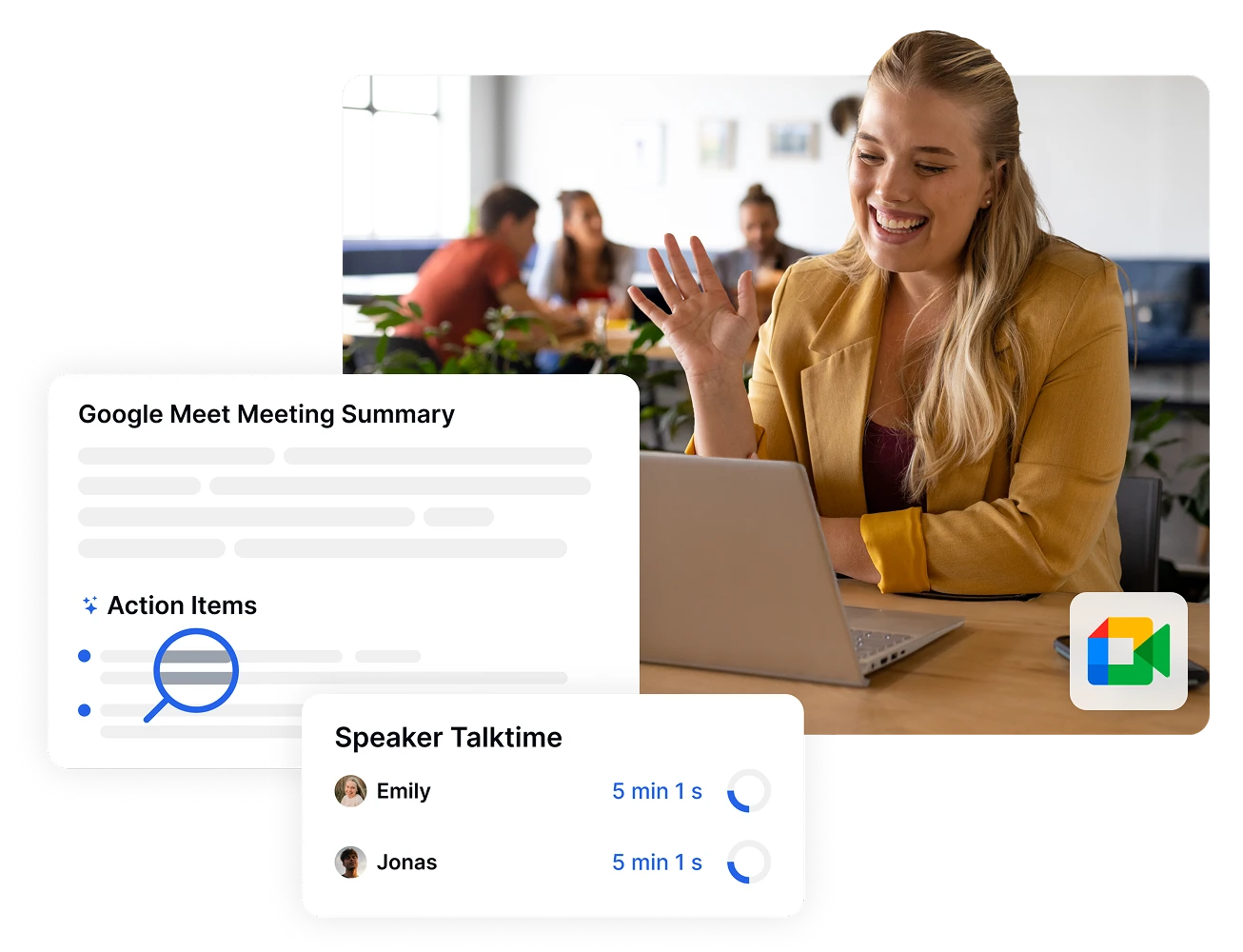 Interface de videoconferência com botão de transcrição da Transkriptor destacado.