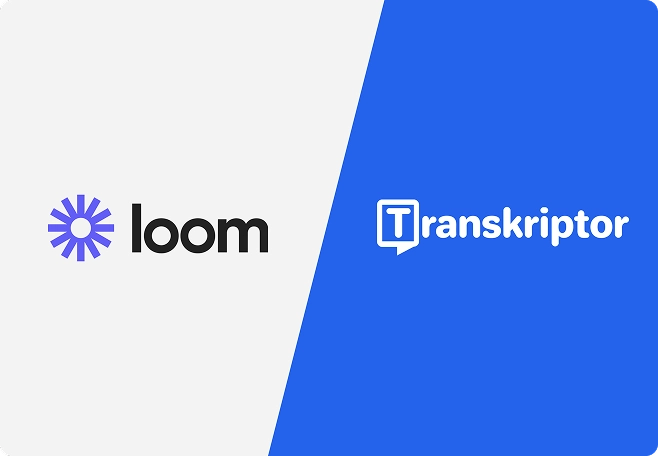 Comparação de Loom e Transkriptor para avaliação de alternativas de software de gravação e transcrição de vídeo.