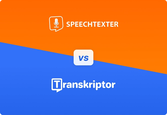 Transkriptor vs SpeechTexter comparação lado a lado de ferramentas de conversão de fala em texto com logotipos de marca para transcrição de áudio.