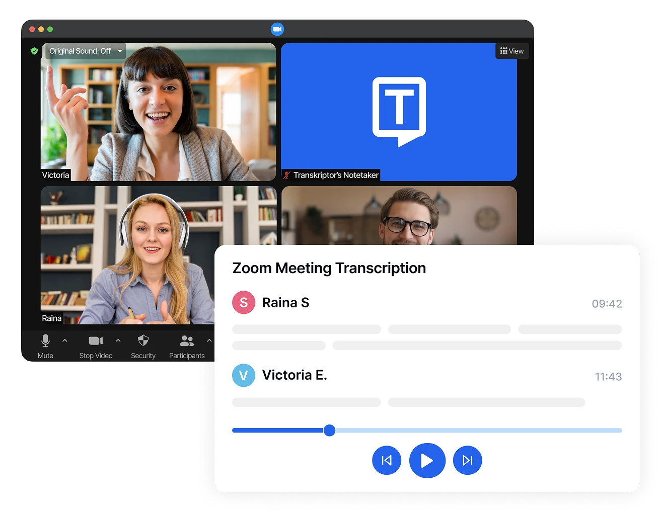 Transcrição de reunião do Zoom usando o Transkriptor com participantes em videochamada.
