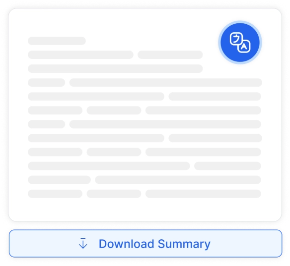 Um recurso intitulado "Traduzir e baixar resumos" que fornece opções de tradução e download para resumos gerados.