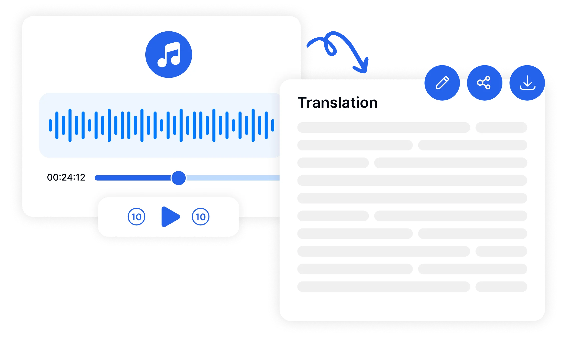 Plataforma online para tradução de arquivos de áudio, com recursos para adicionar legendas ou narrações.