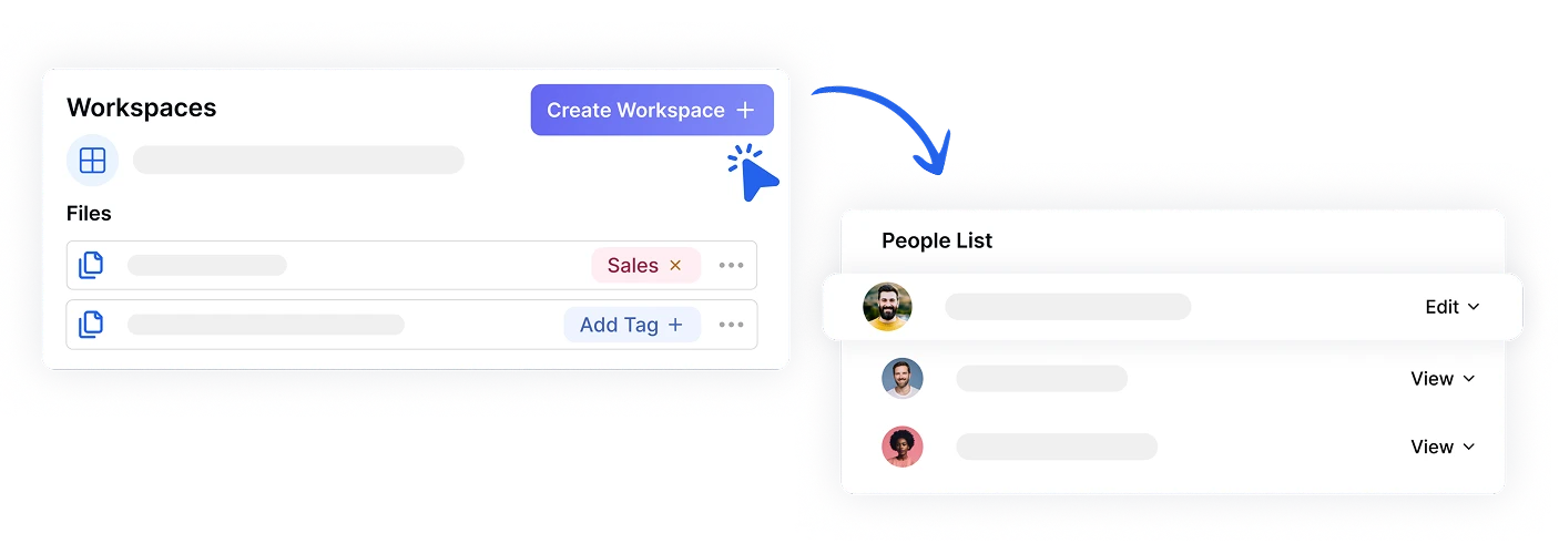 Interface de workspace com opções de gerenciamento de arquivos e pessoas.