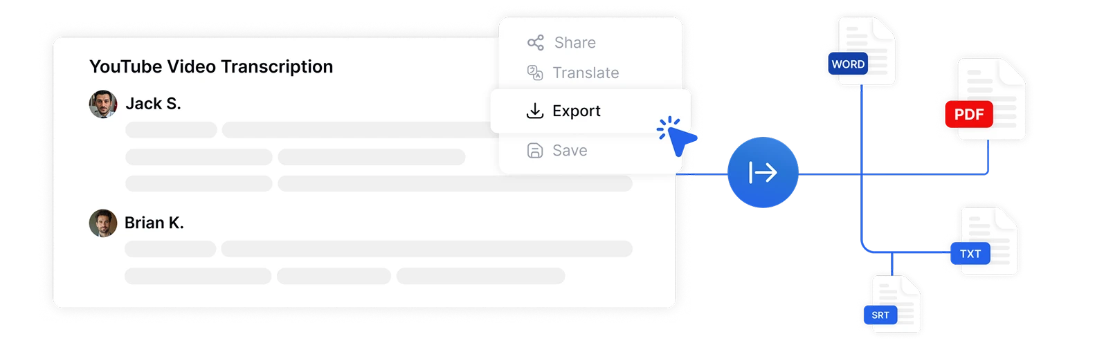 Tradução com um clique de transcrições do YouTube para múltiplos idiomas diretamente do painel do Transkriptor sem ferramentas adicionais de tradução.