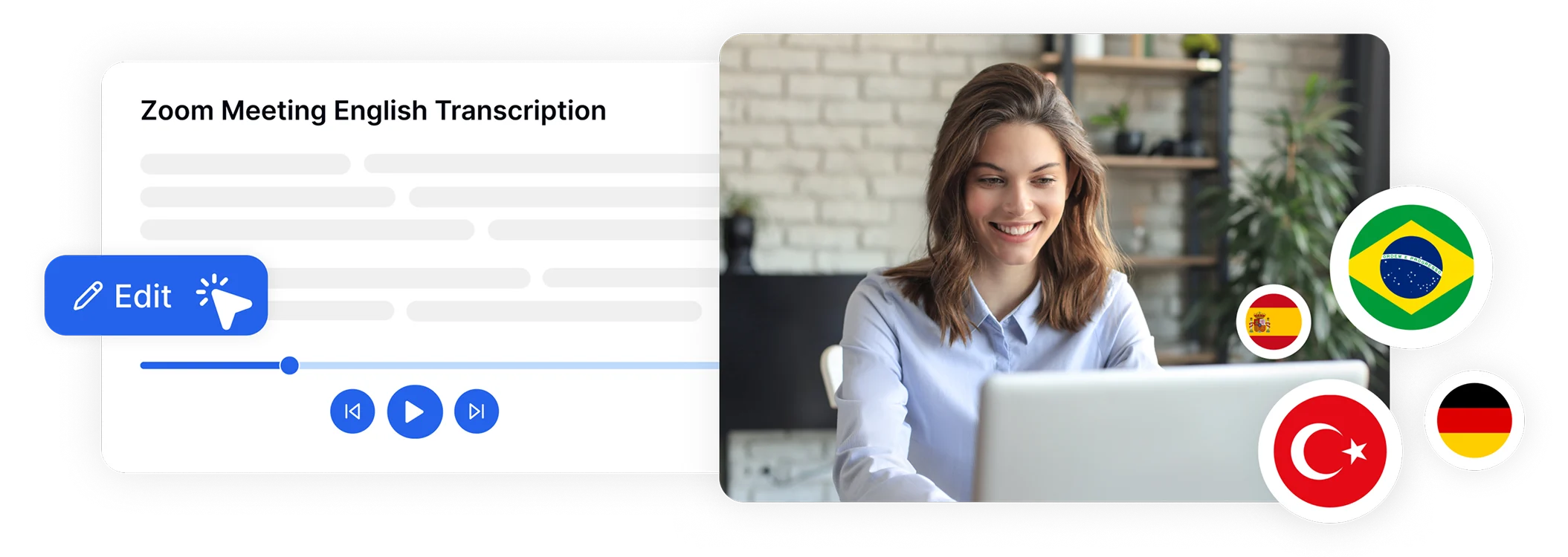 Woman using Transkriptor for Zoom meeting transcription with language options.