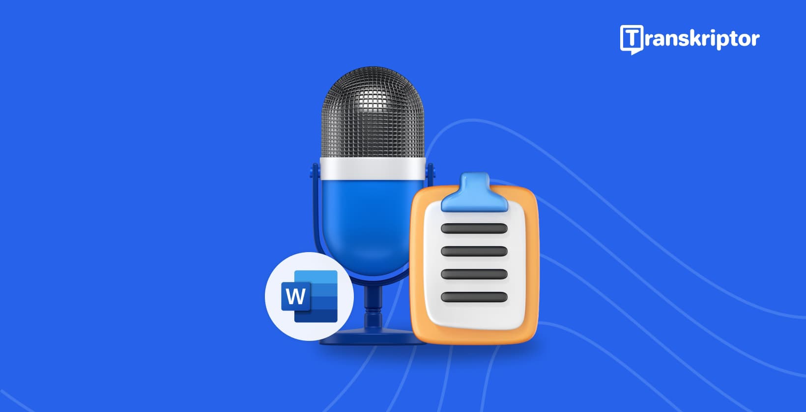 Microfone com documento do Microsoft Word mostrando interface de ditado e processo de conversão de voz para texto.