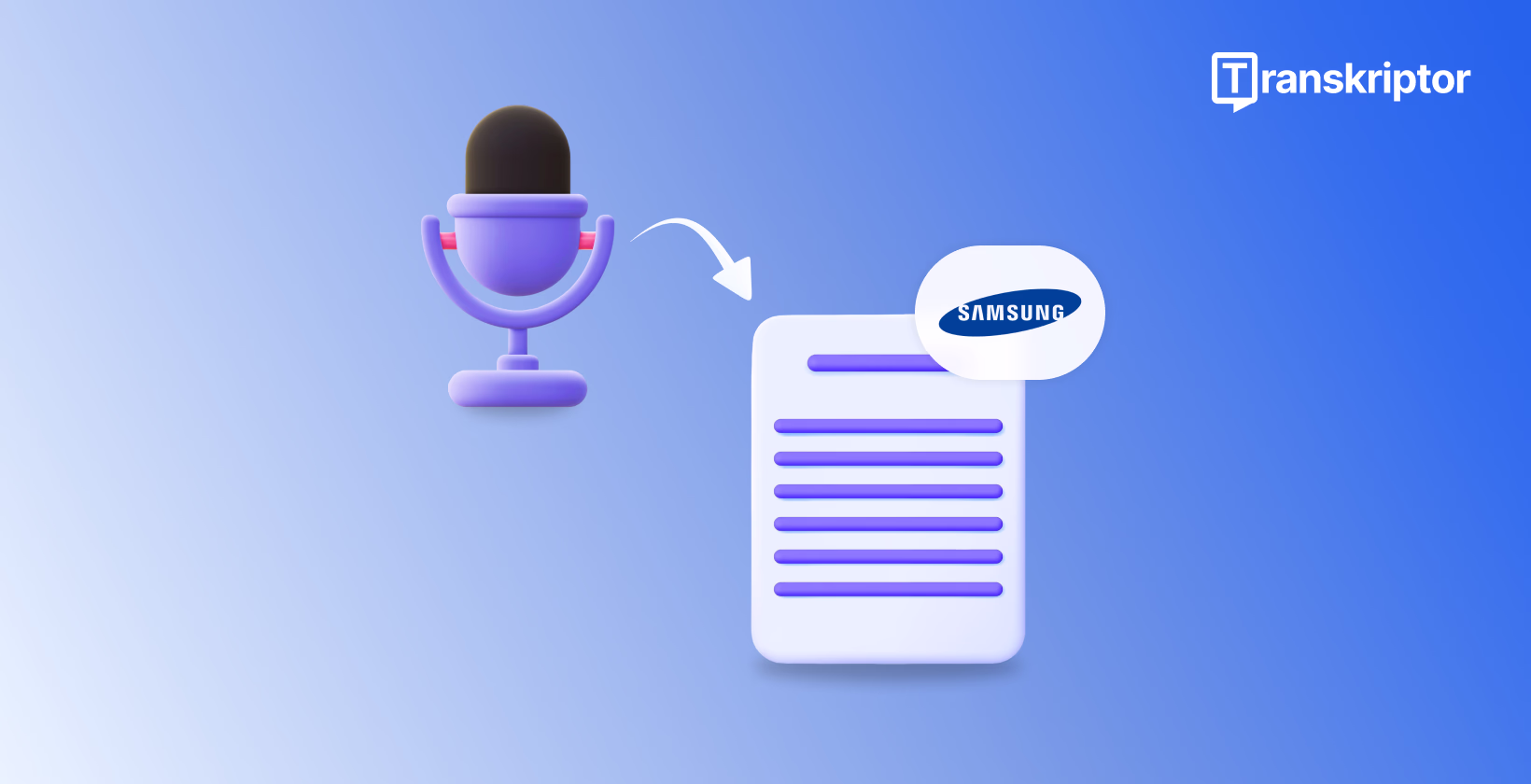 Ícone de microfone roxo com seta apontando para documento com marca Samsung mostrando o processo de conversão de voz para texto